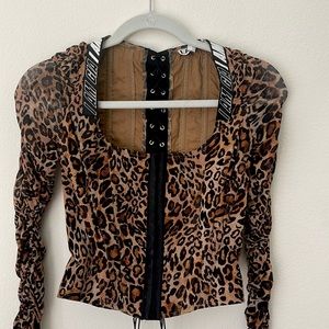 I AM GIA Leopard Print Long Sleeve Corset Top